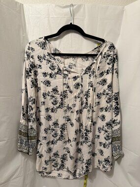 Sonoma Cream Blue Floral Tassel Peasant Top L